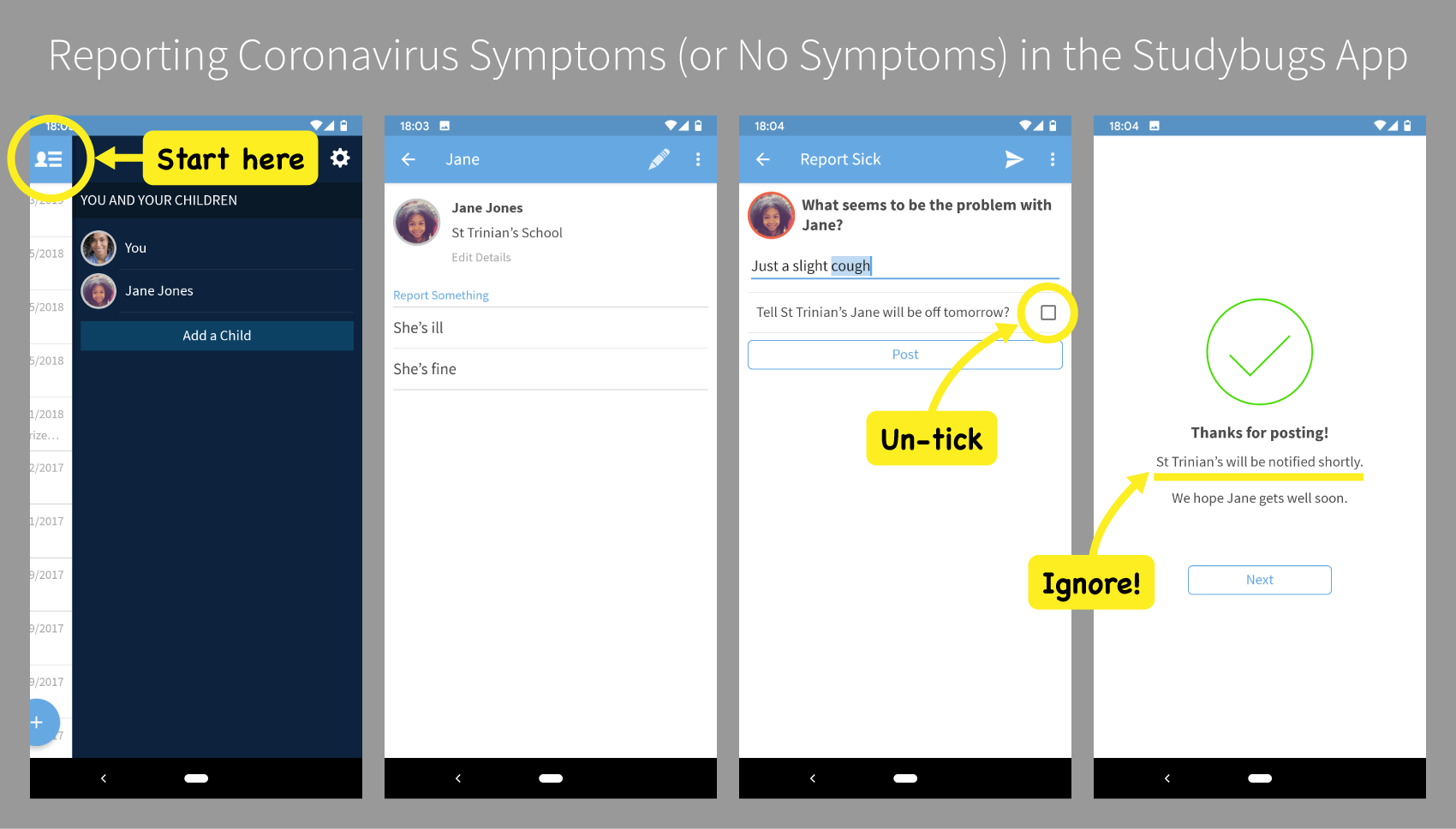 Reporting coronavirus symptoms in the Studybugs app